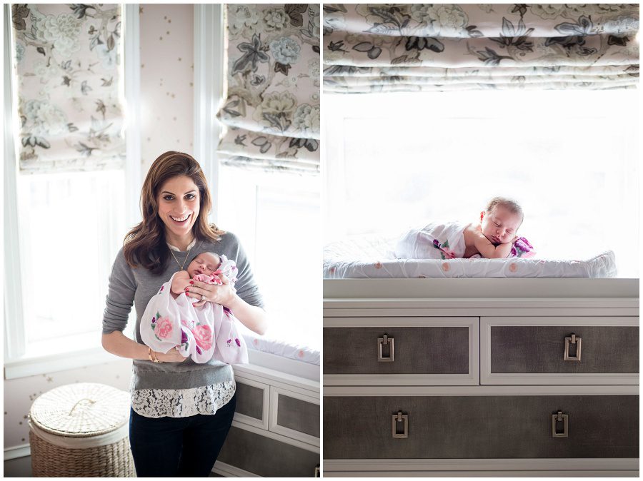 Newborn being held by her mother and also another of the newborn on her changing table in her nursery in front of a window.