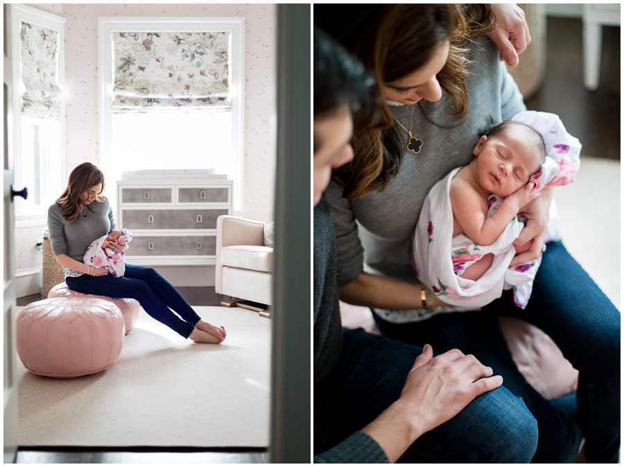 mother holding baby in home session on pink backless chairs vertical to parents holding sleeping newborn swaddled in blanket