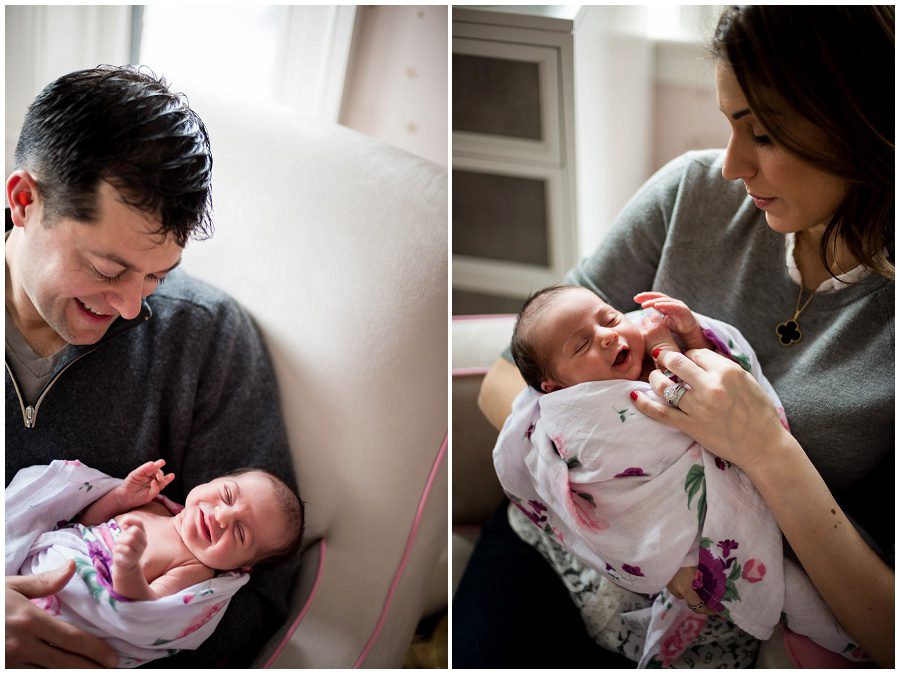 Father looks at his smiling newborn daughter. Newborn smiles at her mother in right image.