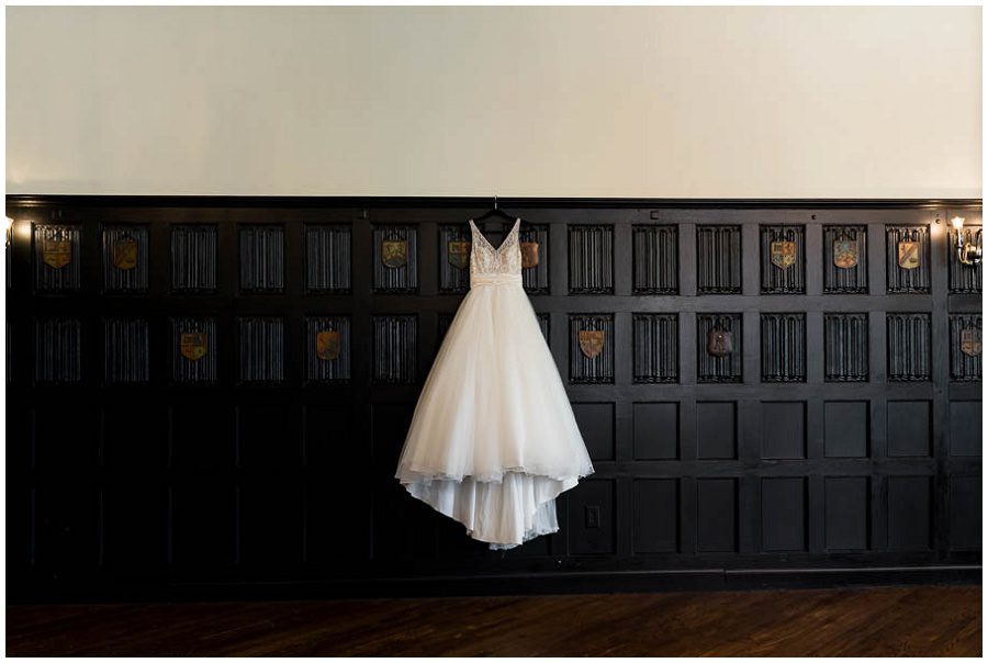 Wedding dress hung at Alden Castle in Boston Longwood Venue