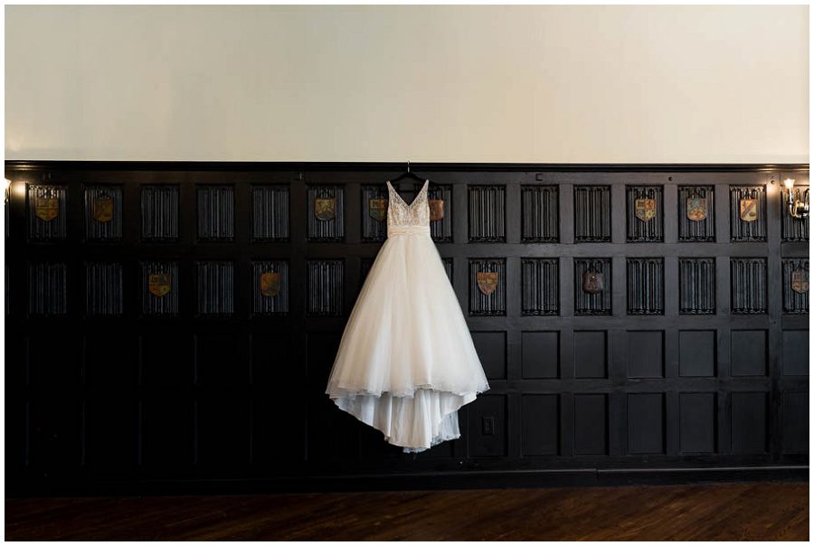 Wedding dress hung at Alden Castle in Boston Longwood Venue