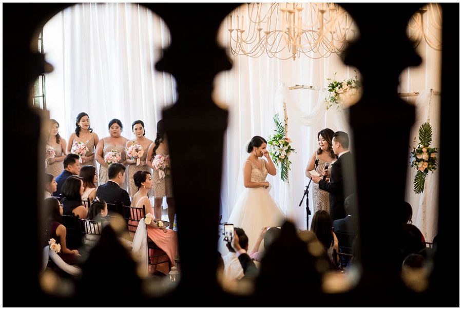 Bride tearing up during ceremony  at Alden Castle in Boston Longwood Wedding Venue 