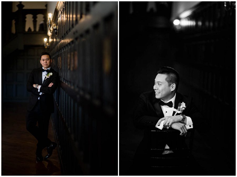 groom leaning against wall and sitting on chair at Alden Castle in Boston Longwood Wedding Venue 