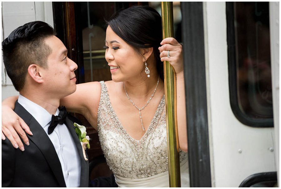 bride and groom trolley portraits at Alden Castle in Boston Longwood Wedding Venue