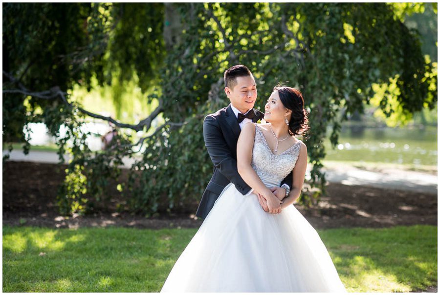 Bride and groom portraits during the afternoon in the summer at Boston Public Gardens by a tree