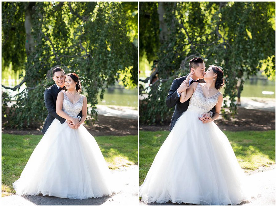 Bride and groom portraits during the afternoon in the summer at Boston Public Gardens by a tree