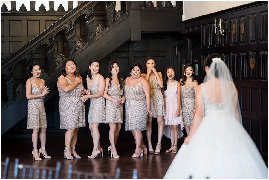 First look by the bridesmaids and bride at Alden Castle in Boston Longwood Venue