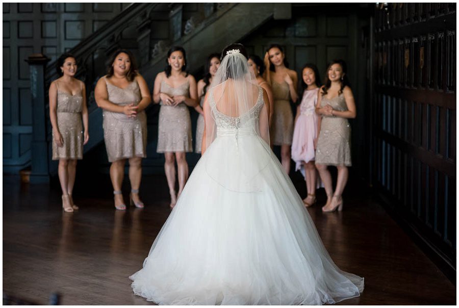 First look with bridesmaids at Alden Castle in Boston Longwood Wedding Venue 