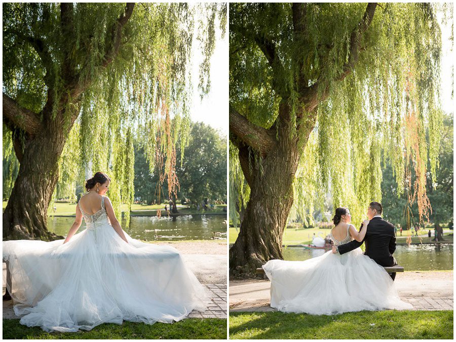 Bride and groom portraits during the afternoon in the summer at Boston Public Gardens by a willow tree