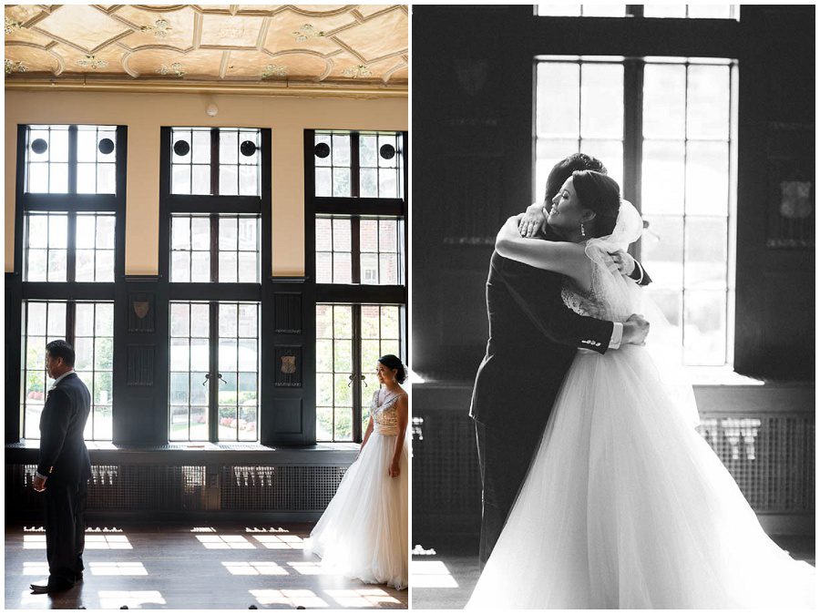 Father and bride hug after first look  at Alden Castle in Boston Longwood Wedding Venue 