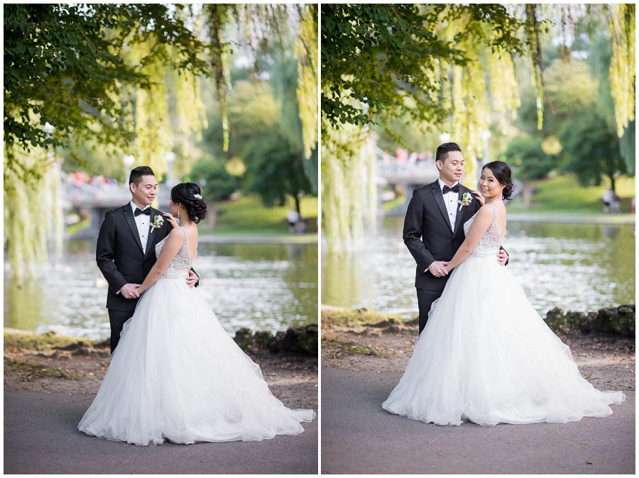 Bride and groom portraits during the afternoon in the summer at Boston Public Gardens by a tree