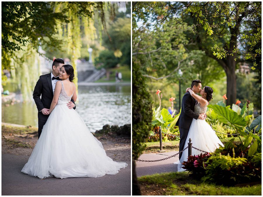 Bride and groom portraits during the afternoon in the summer at Boston Public Gardens by a tree