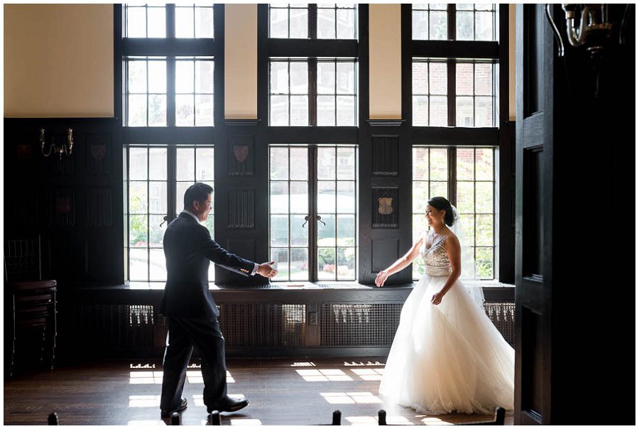 Father and daughter first look  at Alden Castle in Boston Longwood Wedding Venue 