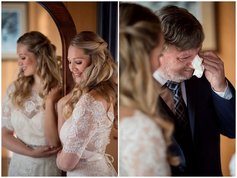 Prep photos of father of bride and bride. Father is crying.