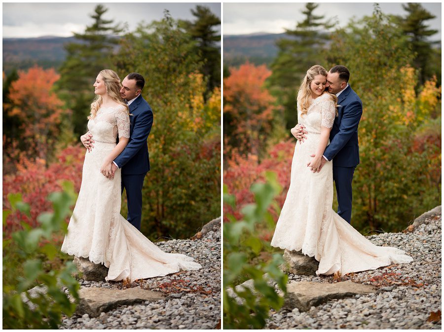 Couples portraits of the bride and groom with fall foliage at Granite Ridge Estate and Barn in Norway Maine