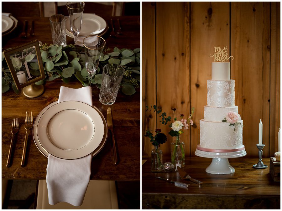 Tablescape with eucalyptus and classic stemware and beautiful wedding cake