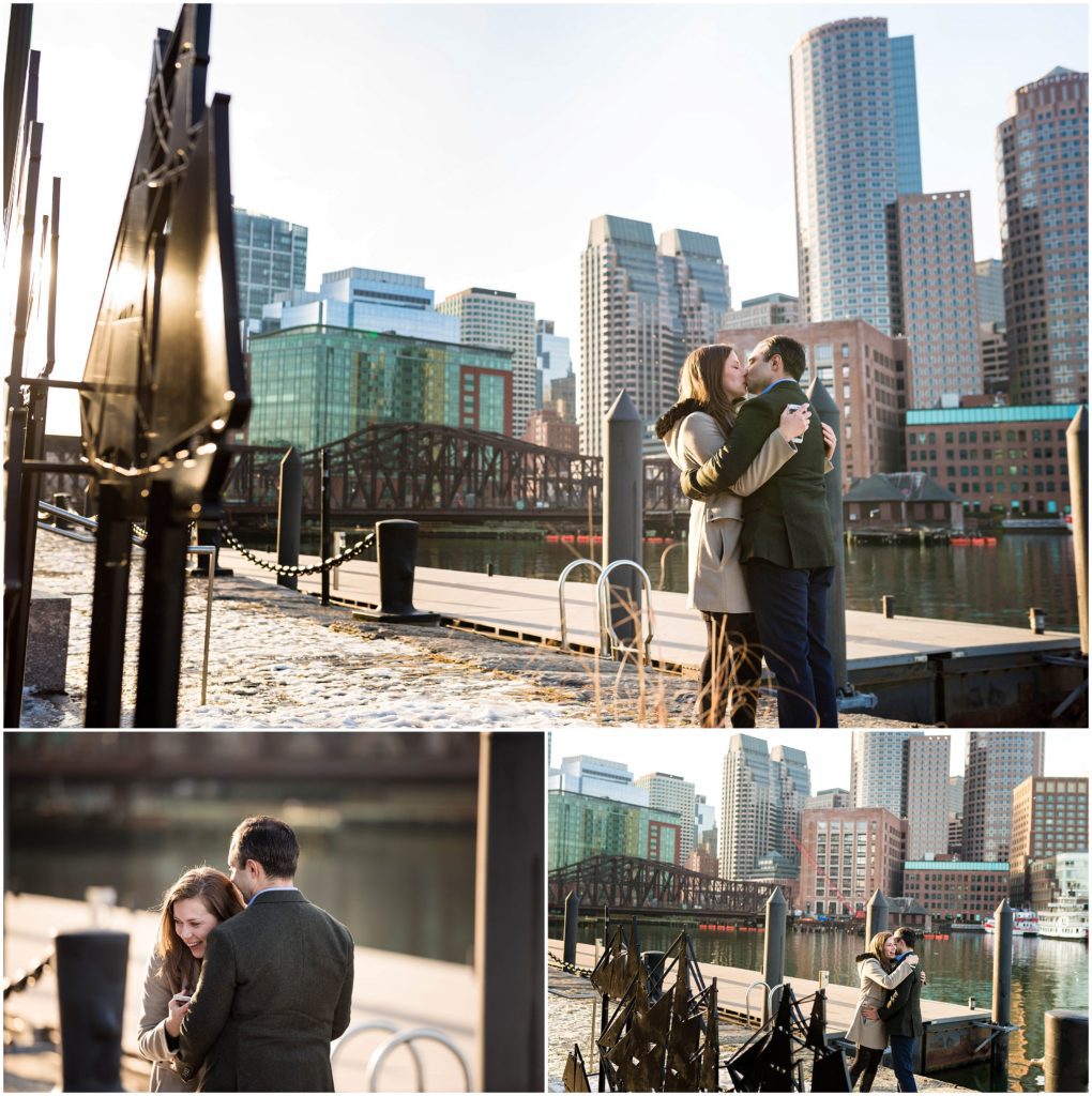 Surprise winter sunset proposal with Boston Skyline