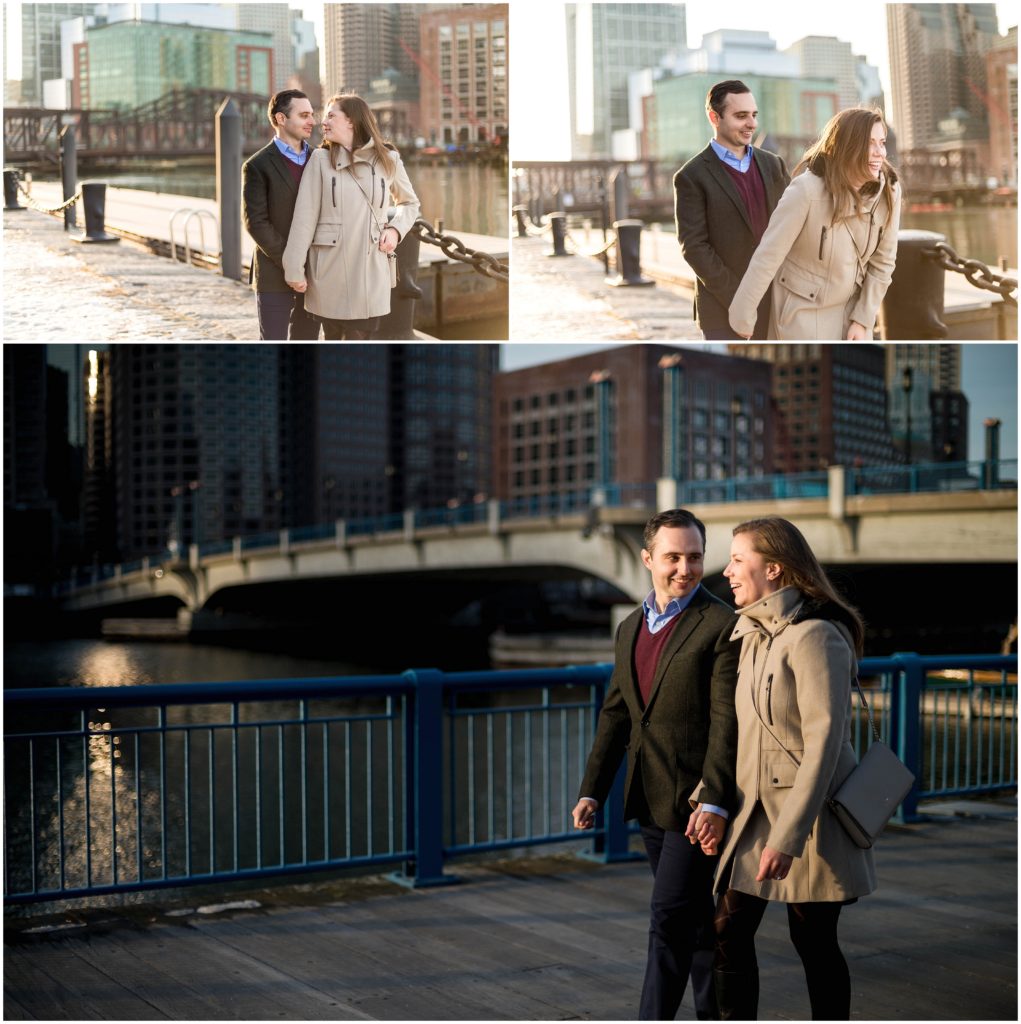 Surprise proposal on Boston waterfront fan pier with the newly engaged couple