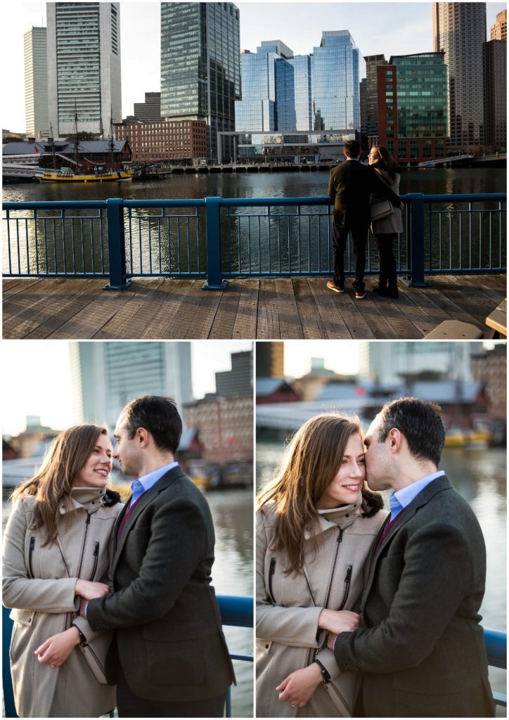 Surprise proposal on Boston waterfront fan pier with Boston skyline as backdrop