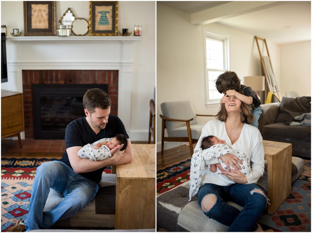 Newborn and his toddler brother playing during photo session. Preparing for a photo session