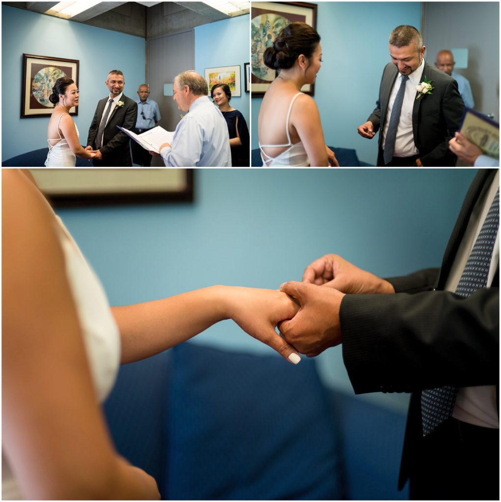 Ceremony photos inside Boston City Hall at the Clerk's office during civil wedding ceremony