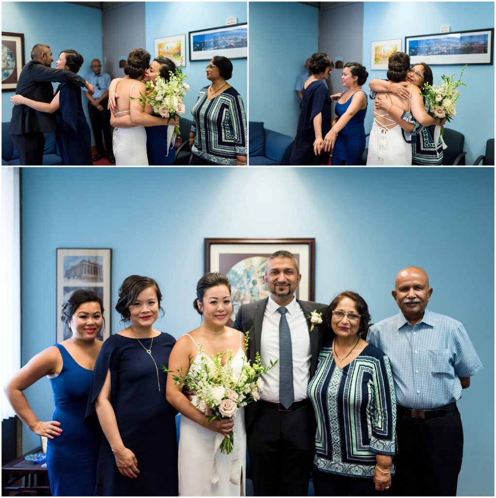 Family photos inside Boston City Hall at the Clerk's office after civil marriage ceremony