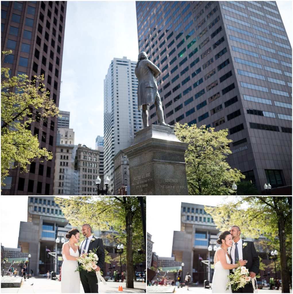 Bride and Groom after wedding civil ceremony posing outside Boston City Hall