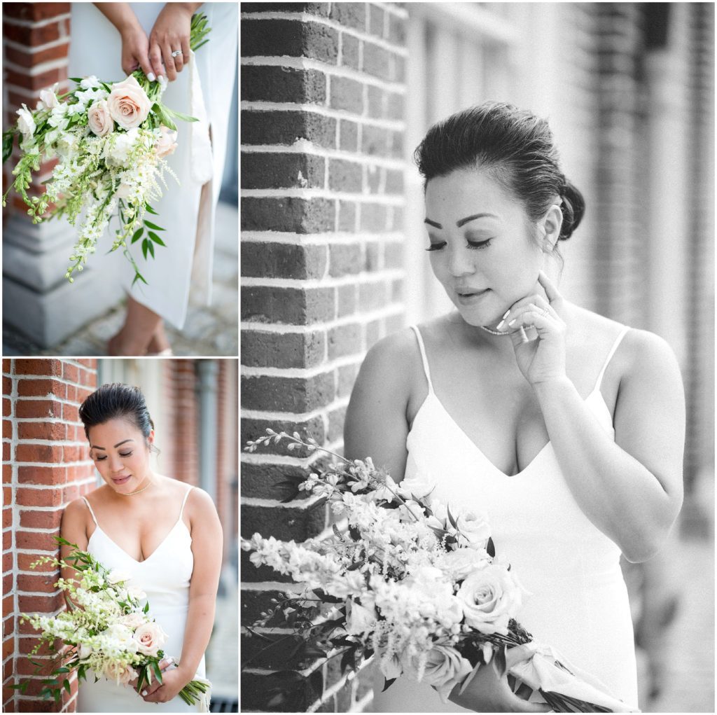 Bride with bouquet after wedding civil ceremony posing outside Boston City Hall