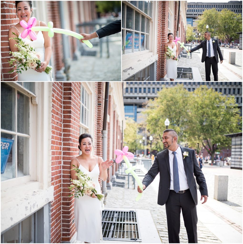 Groom tickling bride with bouquet after wedding civil ceremony