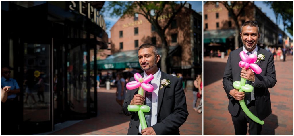 Groom with bouquet after wedding civil ceremony