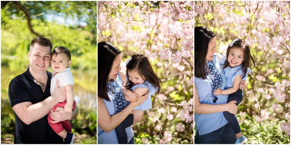 family in front of flowers at the arboretum