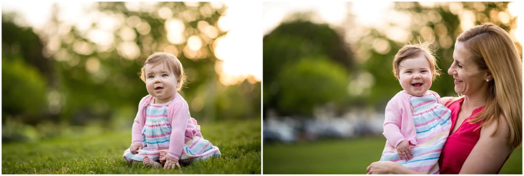 smiling baby girl during family session in Boston