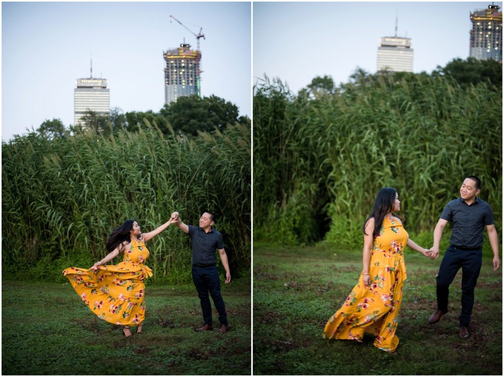 Boston skyline engagement photos in the Fens