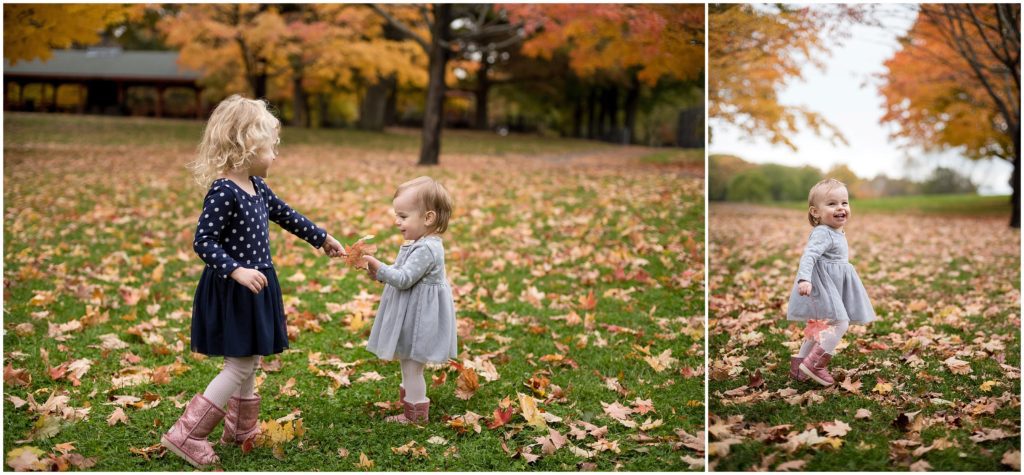 Children playing with leaves Boston family photographer Fall foliage Larz Anderson
