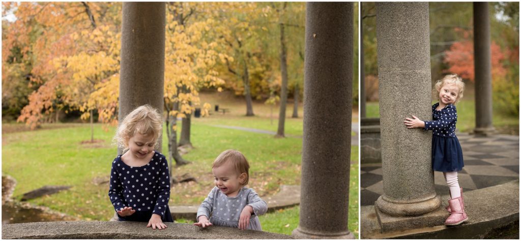 Children playing with post Boston family photographer Fall foliage Larz Anderson