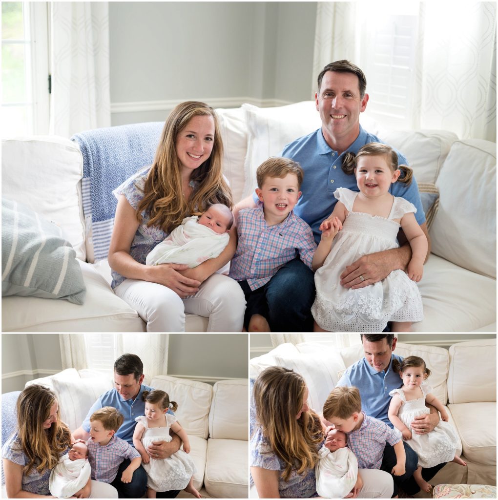 Smiling family photo featuring newborn in new england home