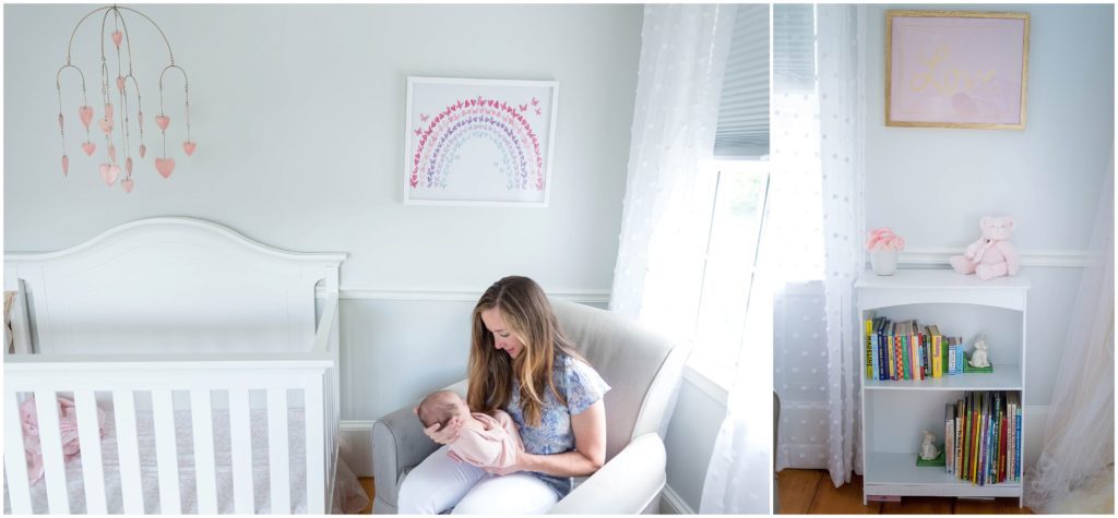 Mom holding newborn in nursery in New England