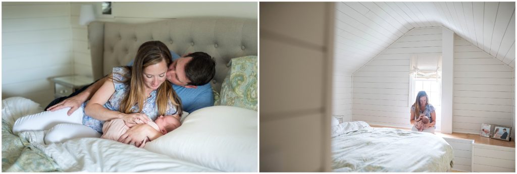 Mom holding baby in lifestyle newborn session on bed