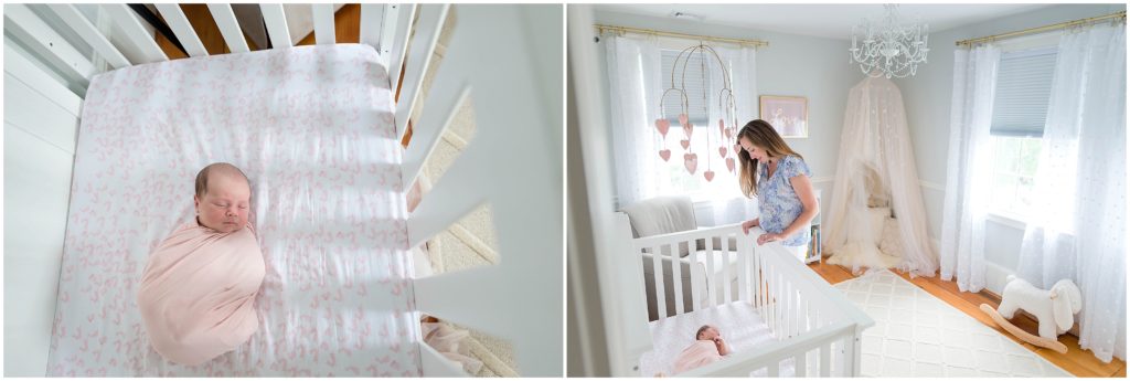 Mother and baby in nursery featuring crib
