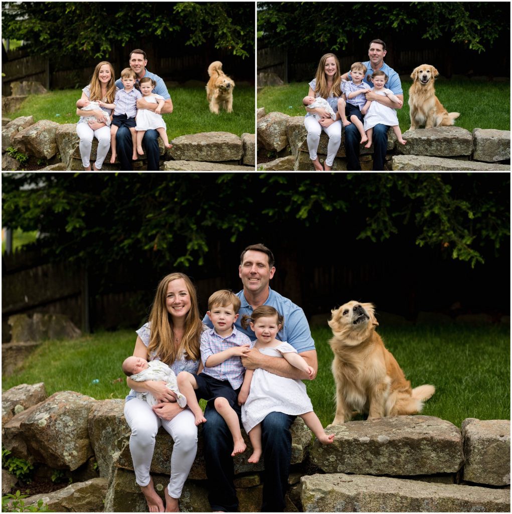 funny dog during family photos with newborn
