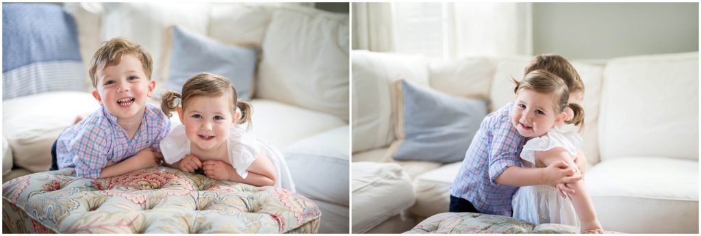 Adorable brother and sister hugging and posing for photo