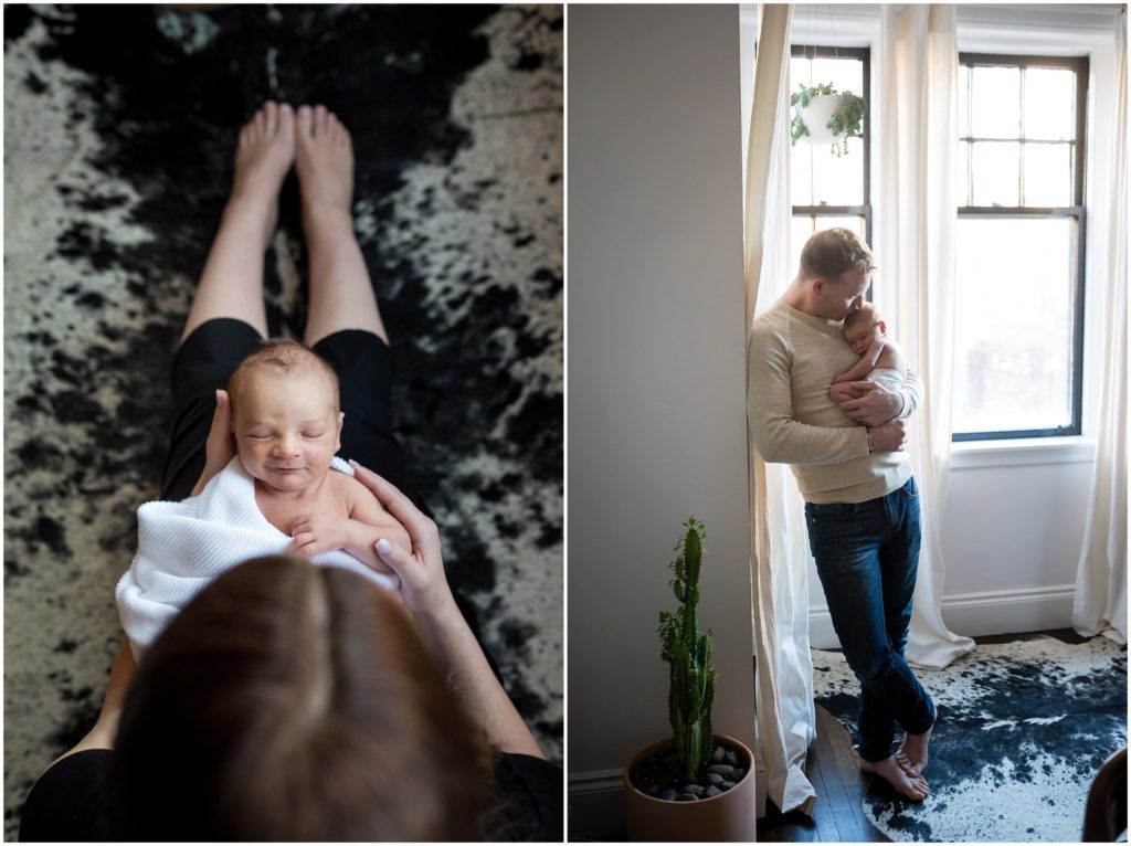 Newborn with father and mother in home