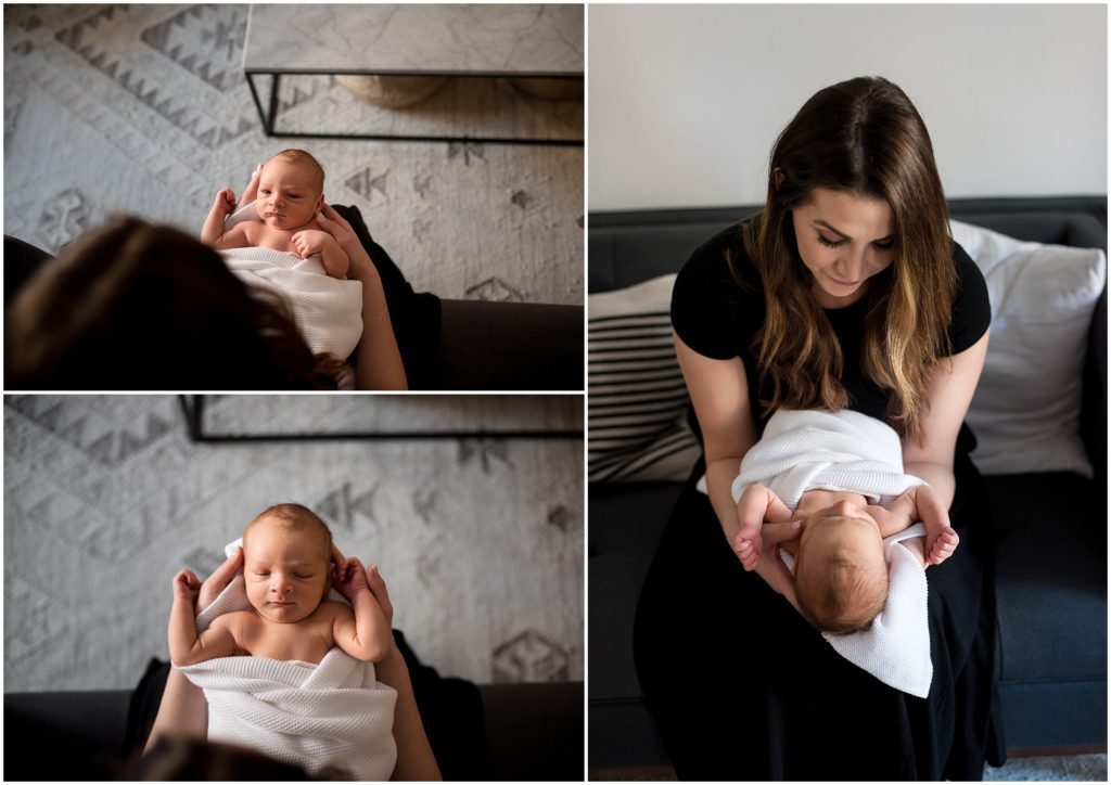 Newborn looking at mom