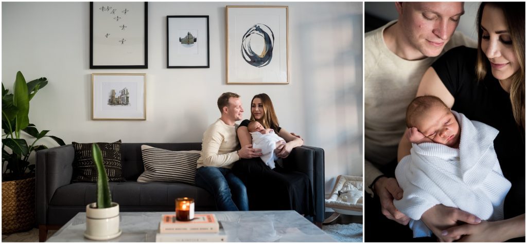 Parents holding baby boy At home newborn lifestyle session in Back Bay, Boston