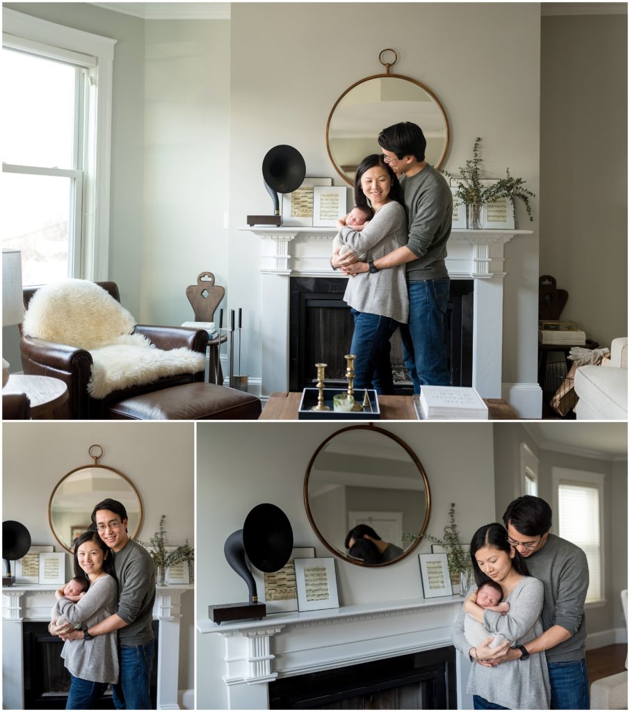 Newborn being held by parents in living room at home during lifestyle session in Cambridge