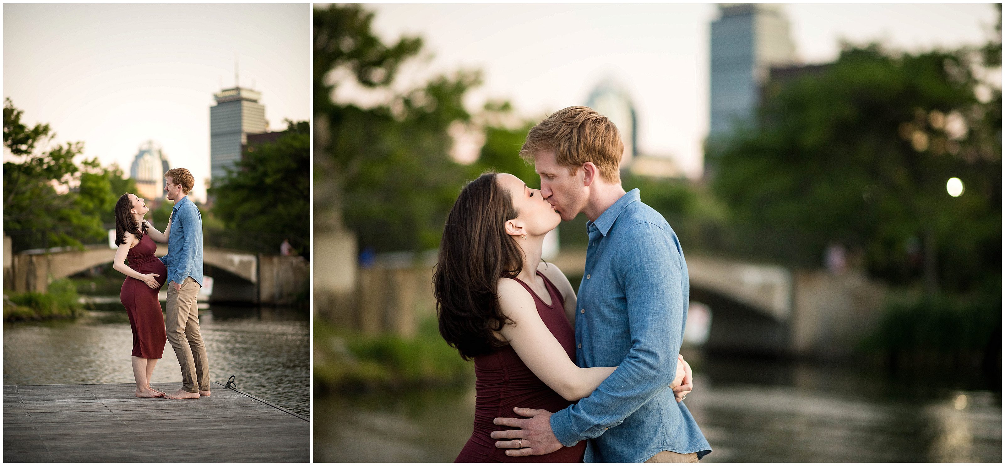 Boston Maternity session by the Charles River with prudential center in background