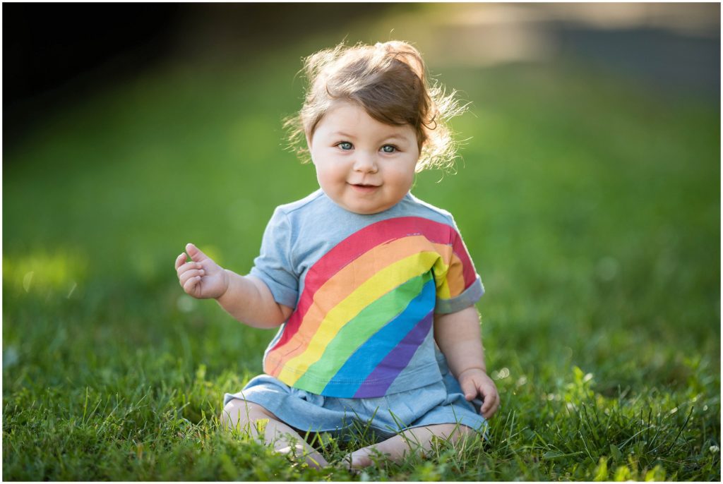 Boston Family session with baby in rainbow dress for a spring photo shoot