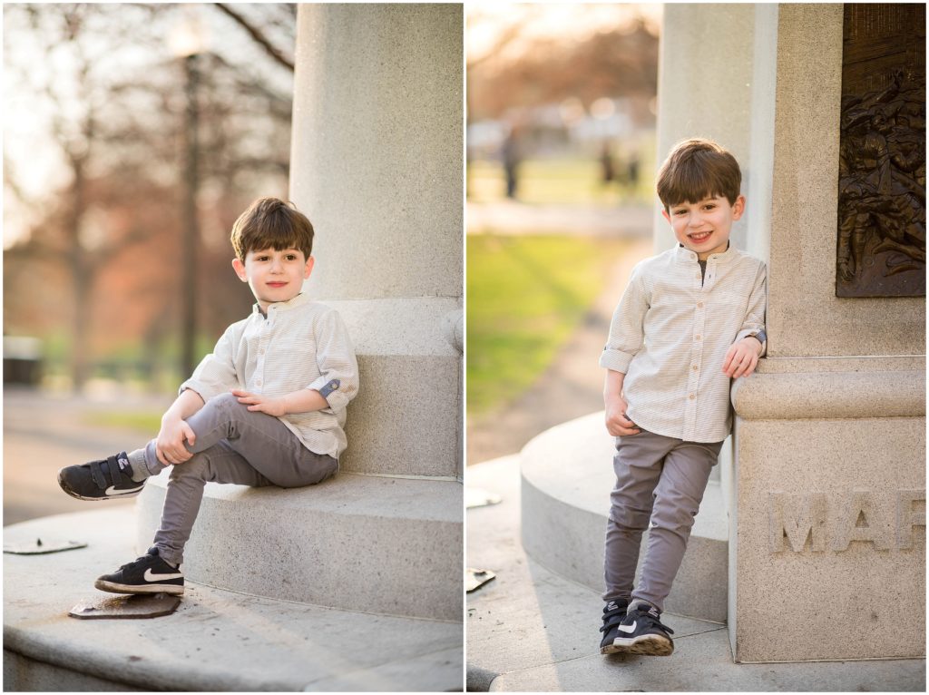 Boy in button down shirt and skinny leg jeans in Boston Commons during a spring family photography session.