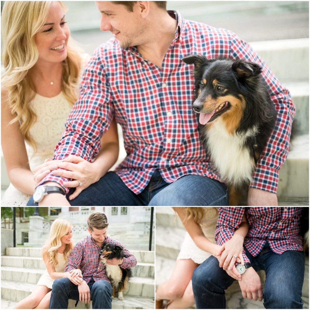 engaged couple sitting on steps of tufts campus building with dog