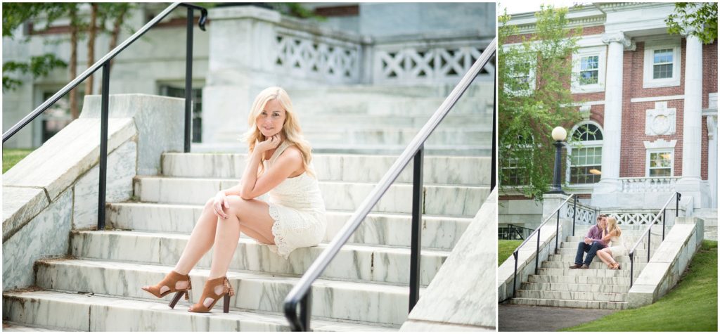 bride to be on steps of tufts campus